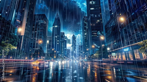 Rainy Night Cityscape with Streaks of Light, Cityscape , Night , Rain