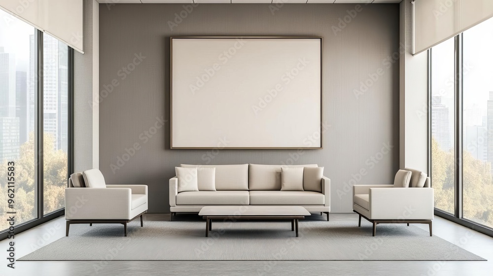 Minimalist office with sleek furniture, large windows, and neutral tones, reflecting professionalism and focus Minimalist office with sleek furniture, large windows, and neutral tones, reflecting professionalism and focus