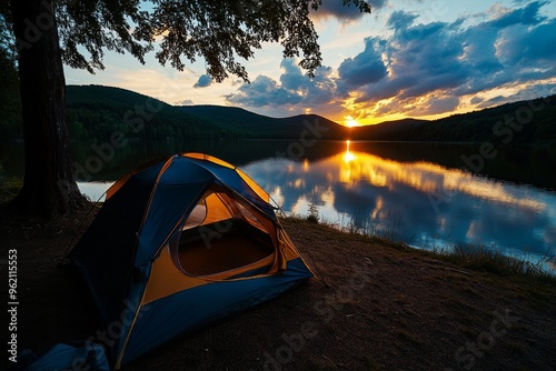 Tent by the lake, forest shade, sunset reflections offers the perfect place to relax and watch the sun dip below the horizon