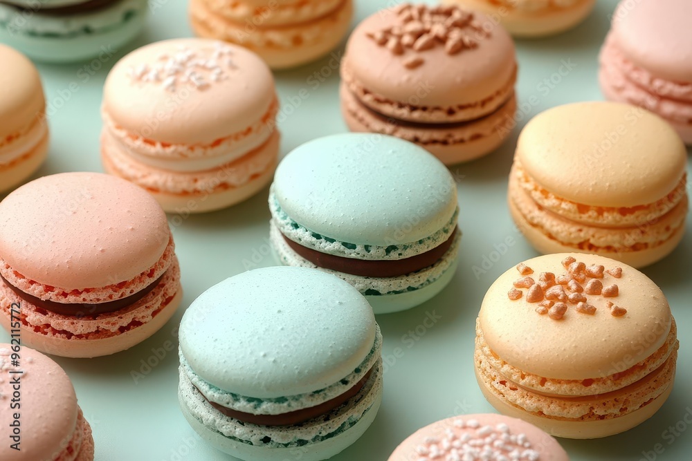 pastel confectionery flatlay array of delicate macarons in various soft hues artfully arranged on mint green background creating a visually pleasing and appetizing composition pastel confectionery flatlay array of delicate macarons in various soft hues artfully arranged on mint green background creating a visually pleasing and appetizing composition