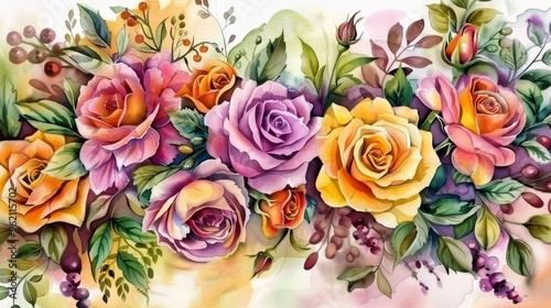 Watercolor Roses and Berries, Watercolor Painting, Roses, Berries , Flowers