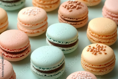 pastel confectionery flatlay array of delicate macarons in various soft hues artfully arranged on mint green background creating a visually pleasing and appetizing composition