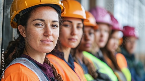 female construction workers, professional portrait of a diverse group of tradeswoman builders, copy space