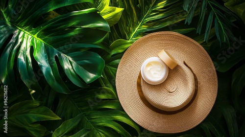 A straw hat and a tub of face cream rest on a verdant backdrop, evoking summery vibes and skincare indulgence. The image captures the essence of outdoor adventures and self-care rituals photo