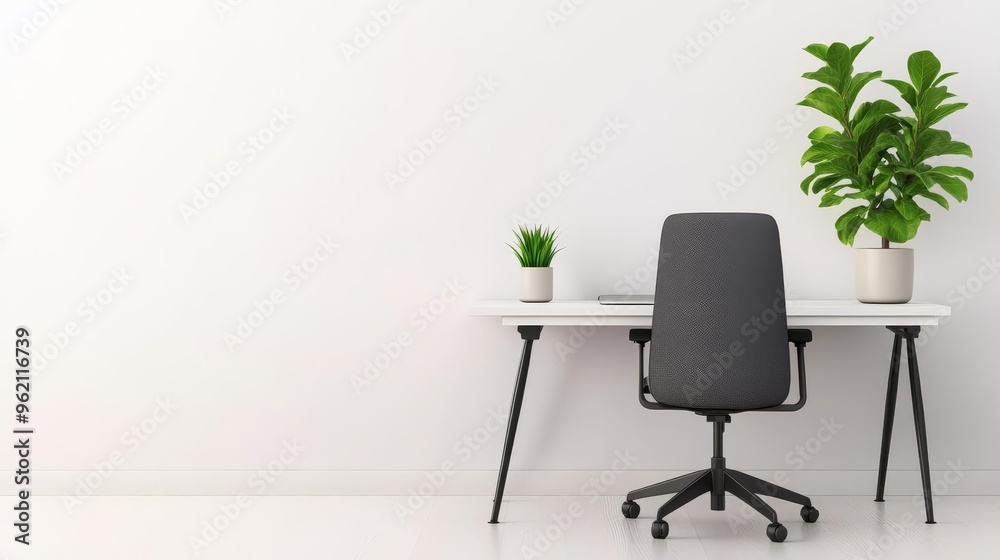 Minimalist workspace with a simple desk, ergonomic chair, and a single plant, emphasizing focus and productivity Minimalist workspace with a simple desk, ergonomic chair, and a single plant, emphasizing focus and productivity
