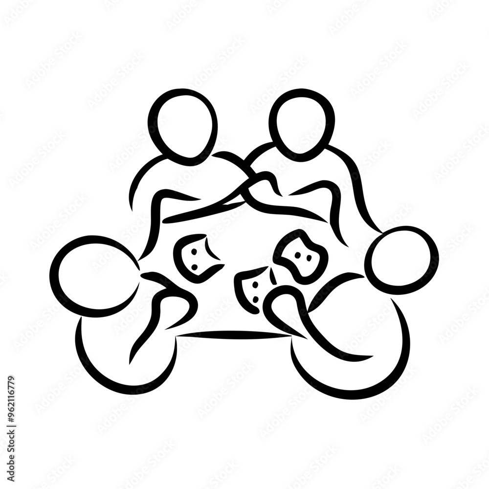 Stylized group playing cards around the table, minimalist line art illustration Stylized group playing cards around the table, minimalist line art illustration