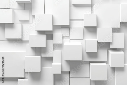 Abstract background with white squares, cubes, and layers in a geometric pattern for modern design.