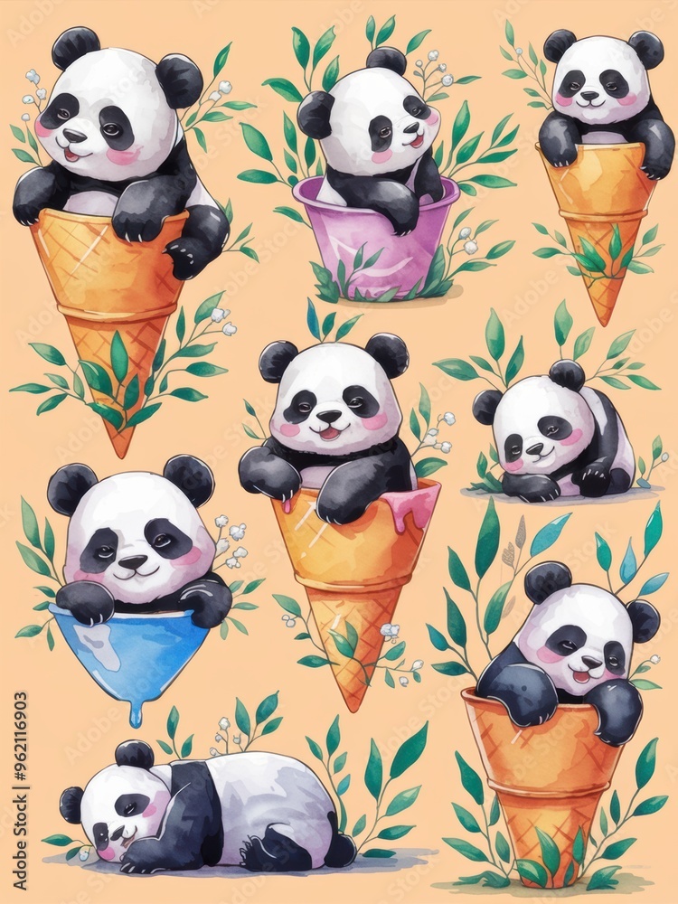Cute Pandas in Ice Cream Cones Illustration on Pastel Background Cute Pandas in Ice Cream Cones Illustration on Pastel Background
