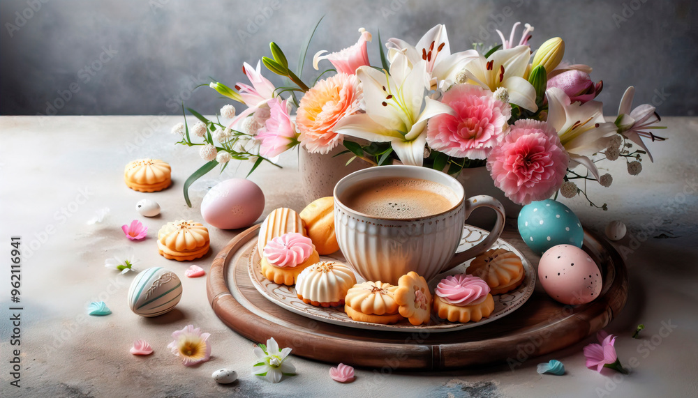 A pretty Mothers' Day or Easter high tea with flowers, delicious petit-four biscuits and a cup of coffee against a textured background A pretty Mothers' Day or Easter high tea with flowers, delicious petit-four biscuits and a cup of coffee against a textured background