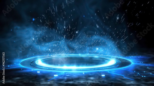 Glowing blue circular light and smoke effect on a dark background.