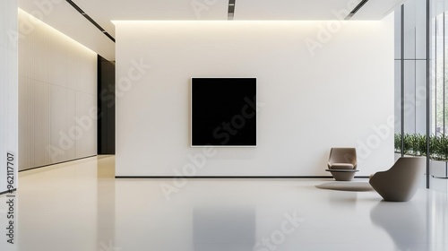 Modern, minimalist office lobby with clean lines, neutral tones, and a single statement piece of art, projecting sophistication