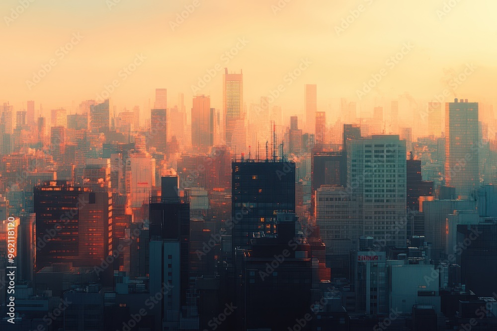 Cityscape at Sunset with Hazy Atmosphere Cityscape at Sunset with Hazy Atmosphere