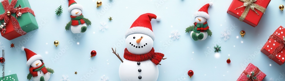 Festive Christmas background with cheerful snowman and wrapped gifts, perfect for holiday design projects and seasonal greetings.
