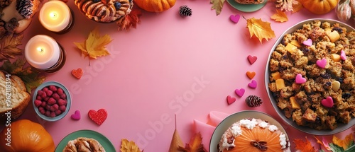 Festive autumn table setting with candles, leaves, and delicious food on a pink background, perfect for Thanksgiving or harvest celebrations.