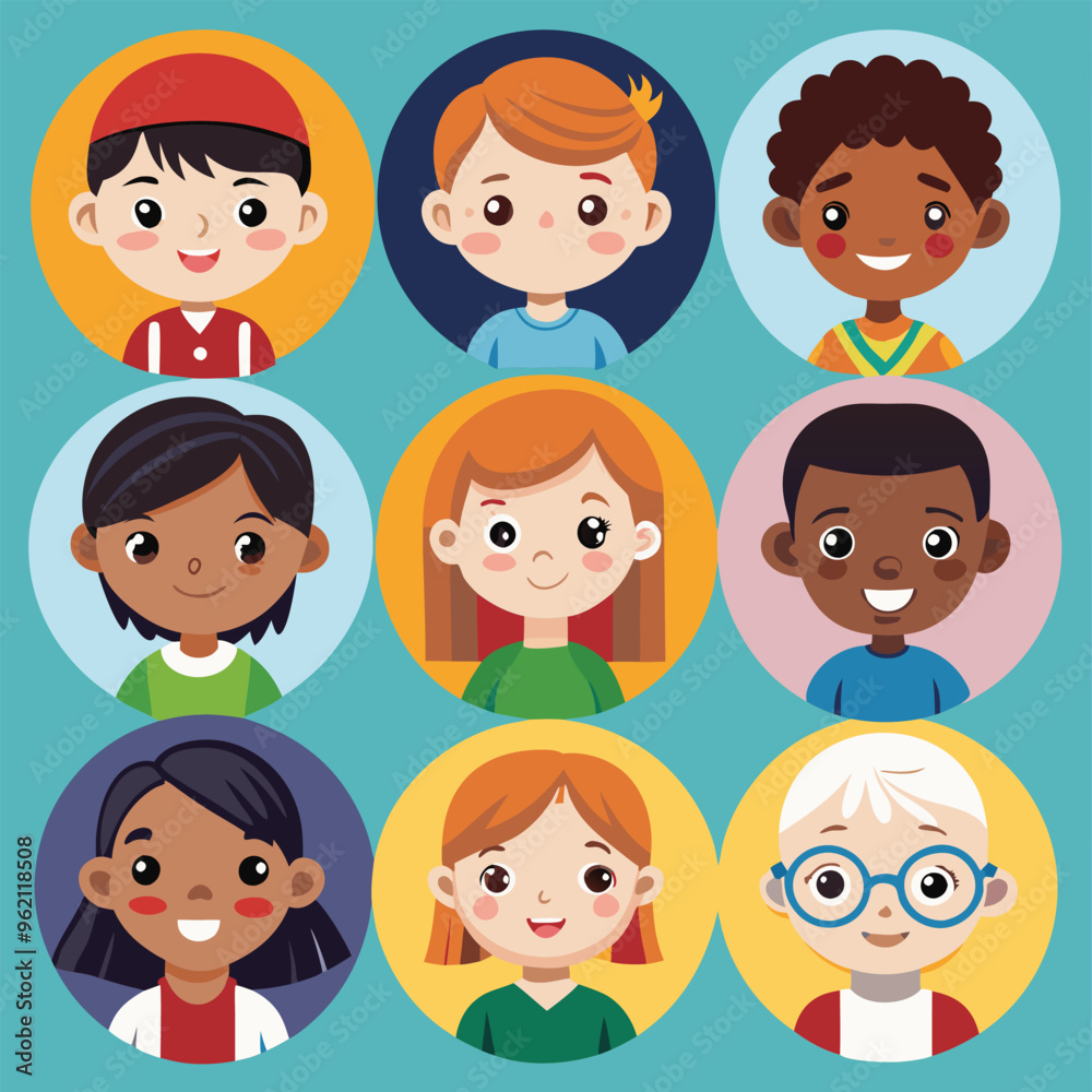 Character set of Avatars collection of children. Cute faces of different nationalities boys and girls. Vector illustration Character set of Avatars collection of children. Cute faces of different nationalities boys and girls. Vector illustration