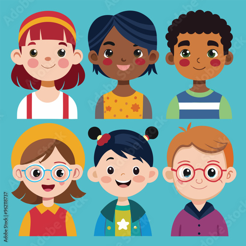 Character set of Avatars collection of children. Cute faces of different nationalities boys and girls. Vector illustration