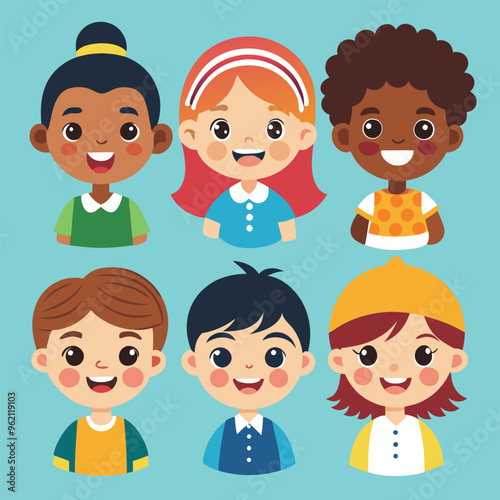 Character set of Avatars collection of children. Cute faces of different nationalities boys and girls. Vector illustration