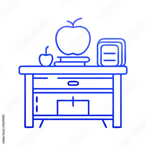  Blue apple on a desk icon, flat design, simple and modern, education and learning symbol on white background