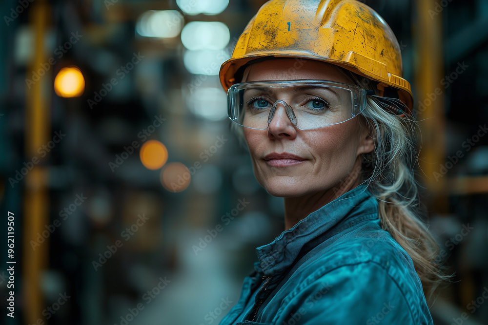 middle aged women industrial worker wearing safety glasses and a yellow helmet, female construction worker