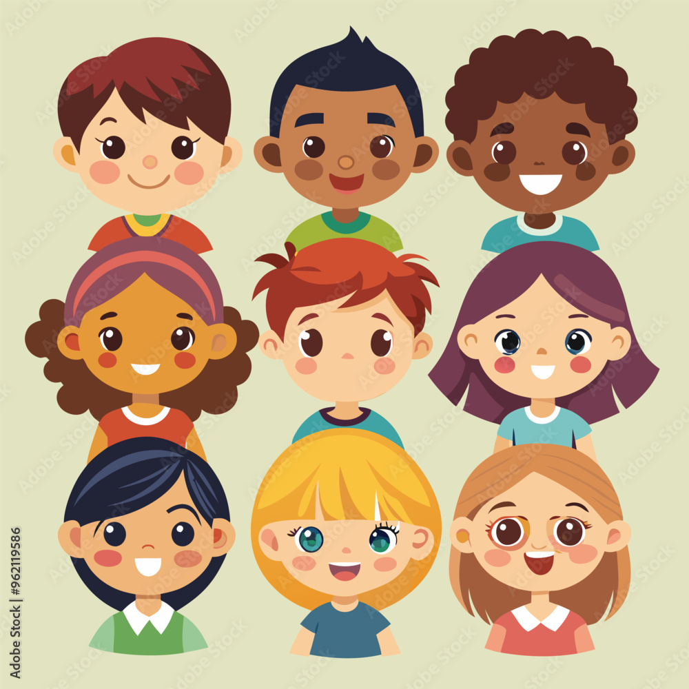 Character set of Avatars collection of children. Cute faces of different nationalities boys and girls. Vector illustration Character set of Avatars collection of children. Cute faces of different nationalities boys and girls. Vector illustration