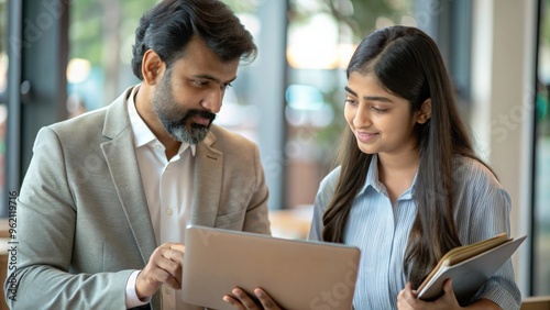 An Indian male teacher  advising university student girl on career options, with resources and guides available for exploration.