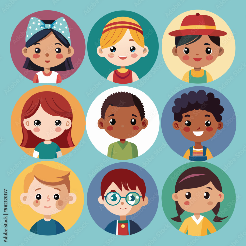 Character set of Avatars collection of children. Cute faces of different nationalities boys and girls. Vector illustration Character set of Avatars collection of children. Cute faces of different nationalities boys and girls. Vector illustration