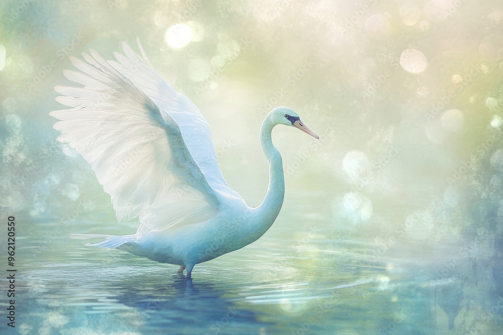 Fototapeta premium White Swan With Wings Spread on Blue Water