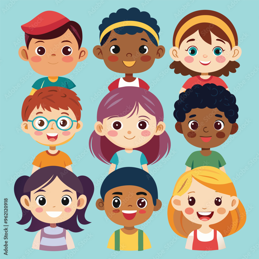 Character set of Avatars collection of children. Cute faces of different nationalities boys and girls. Vector illustration Character set of Avatars collection of children. Cute faces of different nationalities boys and girls. Vector illustration