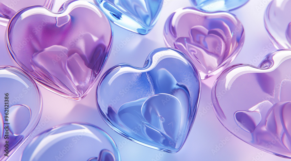 Fototapeta premium Glossy glass colorful hearts. Abstract valentines day greeting card background. Concept of love and romance, dating, romantic couple exclusive relationships