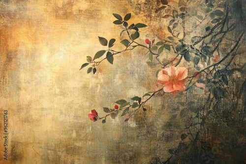 Vintage Painting of a Branch with Flowers and Leaves on a Grunge Background