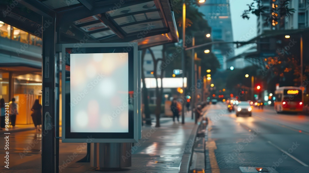 A blank billboard in a bus stop with a city street in the background. A blank billboard in a bus stop with a city street in the background.