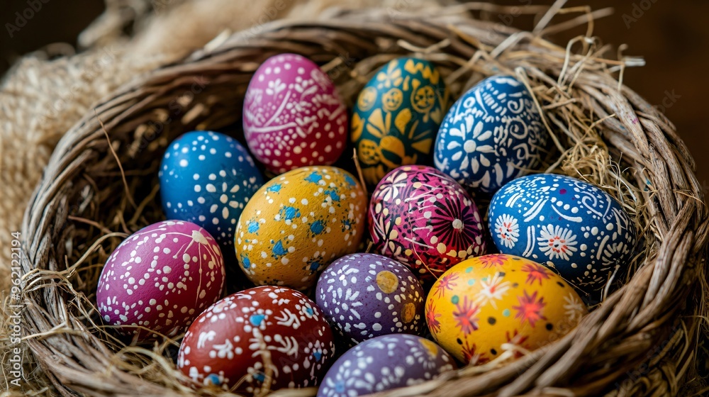 A collection of painted Easter eggs, arranged artfully in a wicker basket with colorful straw