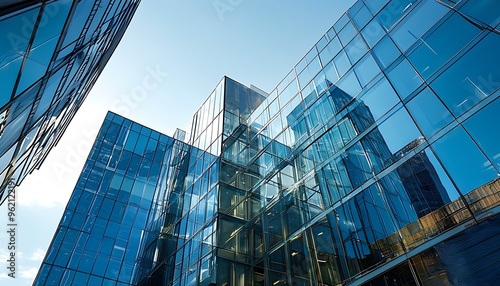 The perfect integration between modern buildings and blue sky, the glass curtain wall reflects the fresh sky, showing the prosperity and vitality of the city.