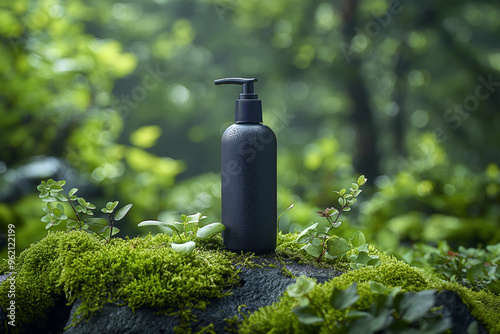 Black shampoo bottle on green nature background. Mockup organic beauty product bottle with green leaves on moss grass background, men cosmetics photo