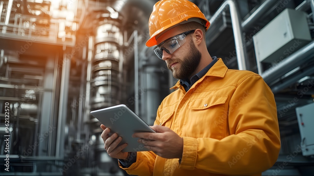 Engineer in orange safety gear using tablet in modern industrial facility for maintenance or inspection tasks. Engineer in orange safety gear using tablet in modern industrial facility for maintenance or inspection tasks.