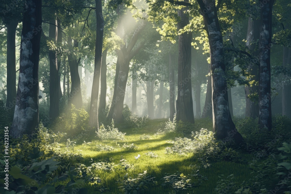 Obraz premium Sunbeams Piercing Through a Dense Forest