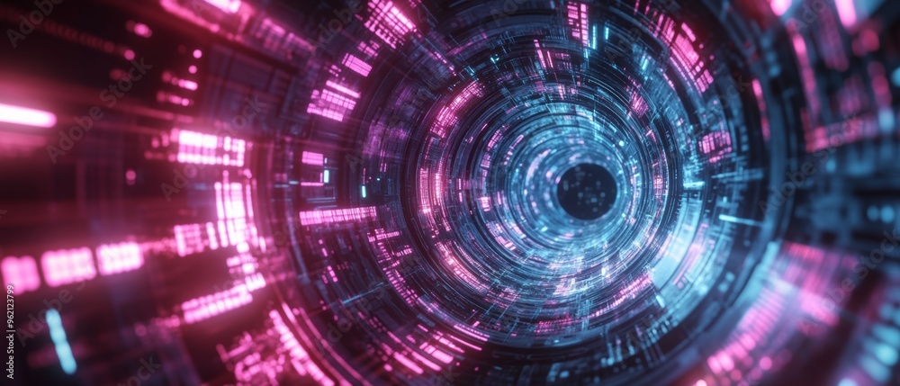 Obraz premium Abstract scene of a glowing light tunnel and digital data streams, suggesting advanced technology.