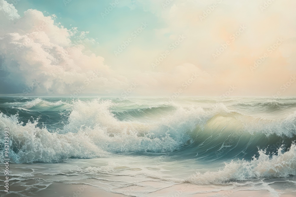 Fototapeta premium A Serene Seascape with Waves Crashing on a Sandy Shore under a Cloudy Sky