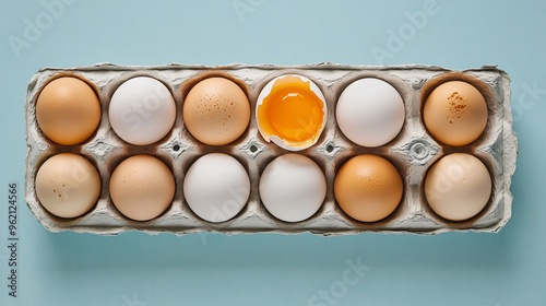 A vibrant flat lay of a dozen eggs in a carton, with one egg cracked open to reveal a bright yellow yolk