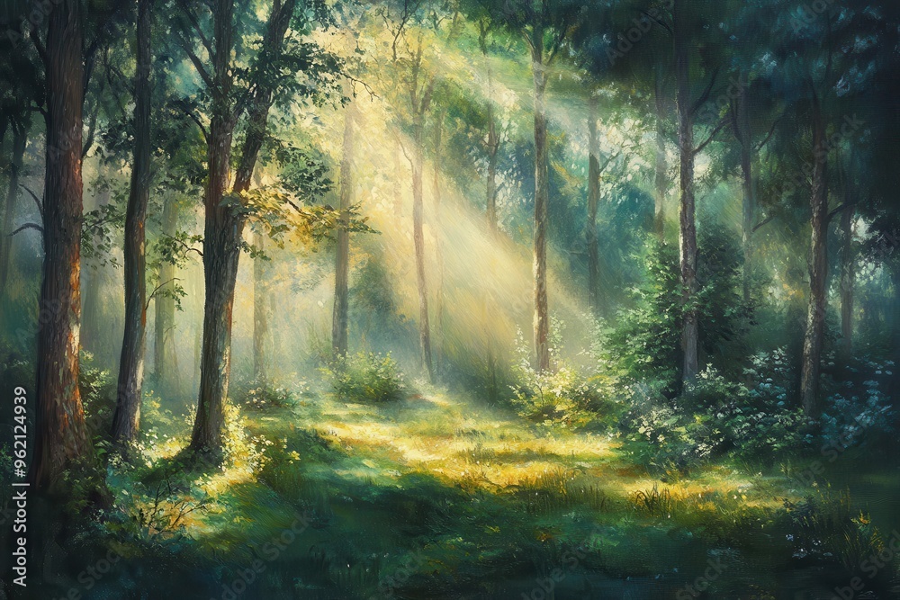 Obraz premium Sunbeams Filtering Through Dense Forest Canopy