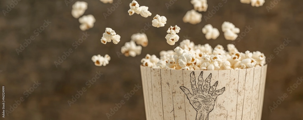 A Halloween popcorn bucket with the hand of a zombie, popcorn flying everywhere A Halloween popcorn bucket with the hand of a zombie, popcorn flying everywhere