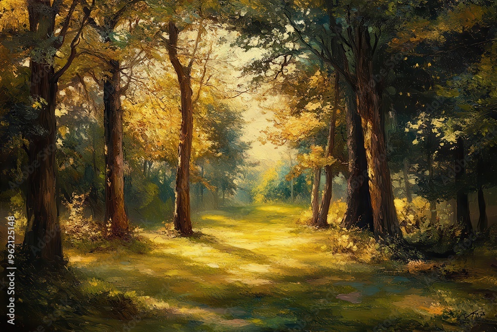 Naklejka premium A Sunlit Path Through a Tranquil Forest