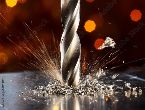 Obraz na płótnie A drill bit that drills a metal plate from which chips jump w salonie