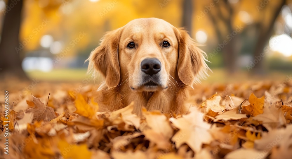 Golden Retriever Dog Playing in Autumn Leaves, AI generated illustration Golden Retriever Dog Playing in Autumn Leaves, AI generated illustration
