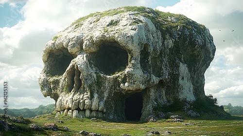 A giant, stone skull formation with grass and foliage growing on its surface. The skull is weathered and has an entrance to a cave-like structure. photo