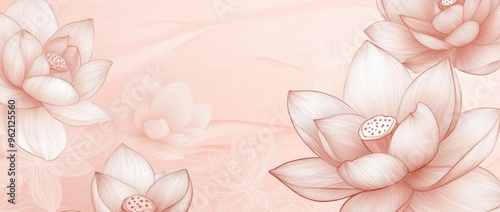 A soft pastel pink background with delicate line art lotus flowers in rose gold, creating an elegant and tranquil atmosphere for design projects Generative AI