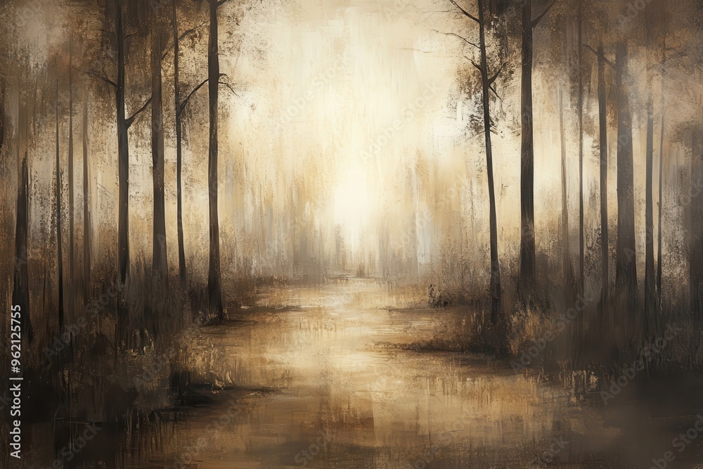 Naklejka premium A Misty Forest Pathway with Golden Light