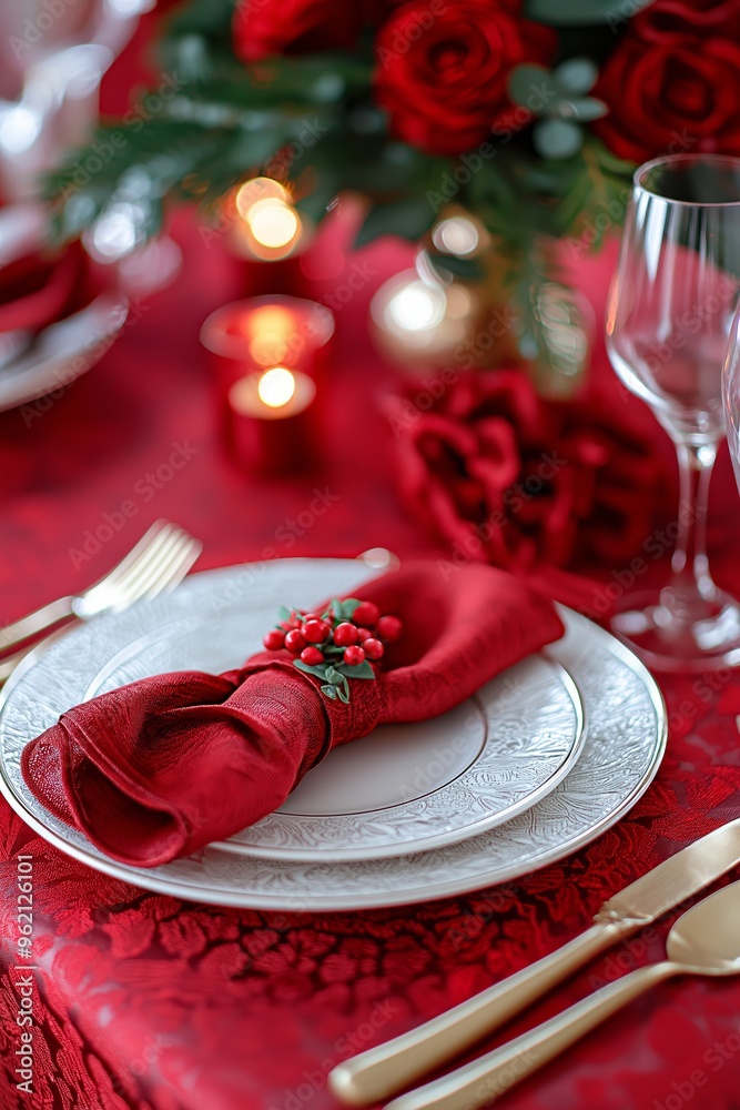 A luxurious dining setup with red napkins, cutlery, and decor elements aiming for an elegant look and festive feel. A luxurious dining setup with red napkins, cutlery, and decor elements aiming for an elegant look and festive feel.