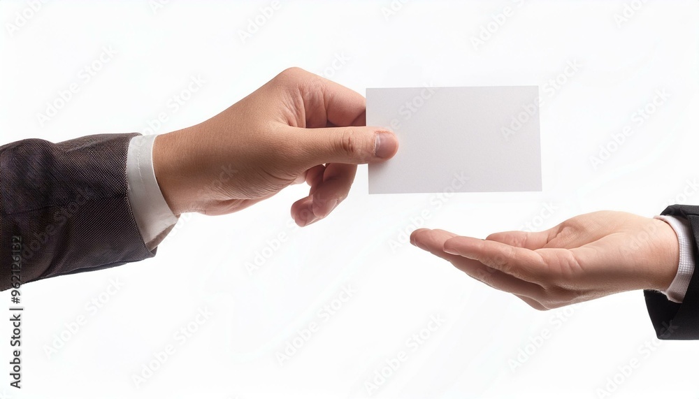 A hand handing over a blank business card to another hand, isolated on a white background. A hand handing over a blank business card to another hand, isolated on a white background.