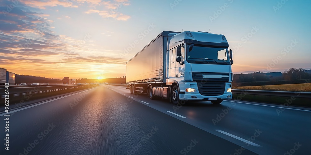 A white truck drives along a highway at sunset with a clear sky in the background, highlighting transportation and travel. A white truck drives along a highway at sunset with a clear sky in the background, highlighting transportation and travel.